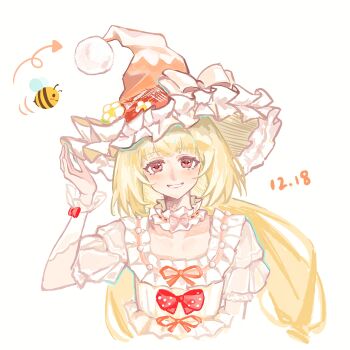 Rule 34 | 1girl, absurdres, arm warmers, arrow (symbol), beads, bee, blonde hair, blunt bangs, bow, bow button, bow choker, bowtie, bug, choker, collarbone, commentary request, cropped torso, dated, eyelashes, flower, frilled arm warmers, frilled choker, frilled headwear, frilled shirt, frilled sleeves, frills, grin, hand on headwear, happy, hat, hat bow, hat flower, highres, infinity nikki, insect, light blush, long hair, low twintails, motion lines, nikki (series), orange hat, orange ribbon, pink bow, pink bowtie, pink eyes, polka dot, polka dot bow, pom pom (clothes), puffy short sleeves, puffy sleeves, red bow, ribbon, ribbon-trimmed choker, shirt, short sleeves, simple background, smile, solo, square neckline, sweet waltz (infinity nikki), twintails, very long hair, white arm warmers, white background, white bow, white choker, white flower, white shirt, witch hat, wrist bow, yoyan