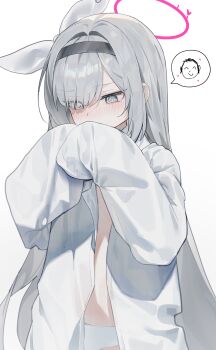 1girl @_@ absurdres alternate_costume black_hairband blue_archive blush covered_mouth doodle_sensei_(blue_archive) grey_eyes hair_over_one_eye hair_ribbon hairband halo hands_up hashtag-only_commentary highres huu_(dighapdlxm12) long_hair long_sleeves looking_down panties pink_halo plana_(blue_archive) ribbon sensei_(blue_archive) shirt simple_background solo speech_bubble thought_bubble underwear upper_body white_background white_panties white_ribbon white_shirt