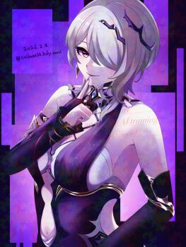 1girl bare_shoulders bra breasts bridal_gauntlets clothing_cutout commentary_request dated dos_ra32 dress earrings finger_to_mouth highres honkai_(series) honkai_impact_3rd jewelry large_breasts looking_at_viewer navel navel_cutout purple_dress purple_eyes rita_rossweisse rita_rossweisse_(miss_espionage) short_hair shushing side_cutout solo twitter_username underwear white_bra