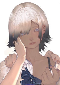 Rule 34 | 1girl, absurdres, bow, bowtie, cigarette, commentary, english commentary, hand on another's shoulder, highres, holding, holding cigarette, mikasamu, original, plaid bow, plaid bowtie, plaid clothes, school uniform, short hair, simple background, white background