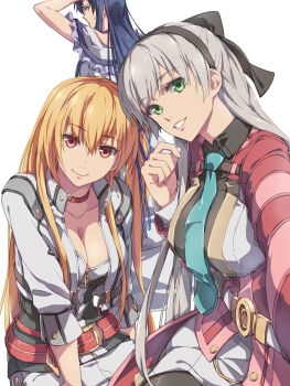 1boy 2girls alisa_reinford arm_up asymmetrical_hair back belt black_bow black_hair black_hairband black_ribbon black_shirt black_socks blonde_hair blue_ribbon bow breasts chiharu_(9654784) choker cleavage closed_mouth coat coattails collarbone collared_shirt commentary cowboy_shot crossdressing crossdressing_(mtf) day dress dress_shirt eiyuu_densetsu elie_macdowell frilled_dress frills grin hair_between_eyes hair_bow hair_ribbon hairband hajimari_no_kiseki hand_on_own_head highres jacket joshua_bright large_breasts lips long_hair looking_at_viewer looking_back medium_breasts multicolored_coat multiple_girls open_clothes open_jacket outdoors outstretched_arm pantyhose pink_coat red_belt red_choker red_coat red_eyes ribbon selfie sen_no_kiseki sen_no_kiseki_(series) sen_no_kiseki_iv shirt short_dress side_ponytail simple_background sky smile socks sora_no_kiseki straight_hair sweatdrop tailcoat teeth two-tone_coat white_background white_belt white_dress white_jacket wing_collar yellow_eyes zipper zipper_pull_tab