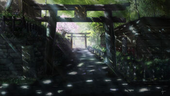 artist_name cherry_blossoms fence highres kyoto light_rays multiple_torii niko_p no_humans original path road scenery shadow sign sunlight torii tree tree_shade