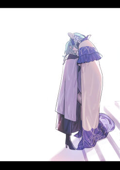 2girls black_boots black_cape boots breasts cape female_byleth_(awakened)_(fire_emblem) female_byleth_(fire_emblem) fire_emblem fire_emblem:_three_houses flower from_side green_hair hair_flower hair_ornament high_heel_boots high_heels highres ikarin kiss letterboxed long_hair medium_breasts medium_hair multiple_girls nintendo rhea_(fire_emblem) simple_background white_background