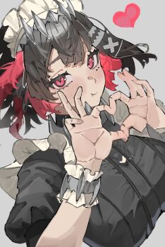 1girl absurdres black_hair blush breasts closed_mouth colored_inner_hair commentary_request ellen_joe four-finger_heart_hands frilled_wristband grey_background hairband heart heart_hands heart_in_eye highres large_breasts looking_at_viewer maid maid_headdress metal_hairband metal_wrist_cuffs mole mole_under_eye multicolored_hair razor_blade_hair_ornament red_eyes shark_girl short_hair solo spiked_headband symbol_in_eye upper_body walk43049101art zenless_zone_zero