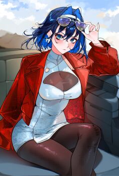 1girl alternate_costume black_pantyhose blue_eyes blue_hair blurry blurry_background blush bow bow_earrings bracelet breasts cleavage_cutout closed_mouth clothing_cutout cloud cloudy_sky coat commentary crossed_legs day dress earrings eyewear_lift eyewear_on_head feet_out_of_frame floating_hair glint hair_between_eyes hair_intakes hairband halter_dress halterneck highres hololive hololive_english jewelry large_breasts long_sleeves looking_at_viewer necklace open_clothes open_coat ouro_kronii outdoors over-rim_eyewear pantyhose pendant red_coat sanya_(sanya_lox228) see-through_cleavage see-through_clothes semi-rimless_eyewear short_dress short_hair sitting sky solo sunglasses untranslatable_commentary virtual_youtuber white-framed_eyewear white_dress white_hairband