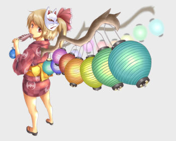 Rule 34 | 1girl, alternate wings, ao usagi, blonde hair, eating, female focus, flandre scarlet, food, fox mask, hair ribbon, ikayaki, japanese clothes, kimono, lantern, long hair, looking at viewer, looking back, mask, paper lantern, pointy ears, rainbow order, red eyes, red kimono, ribbon, sandals, side ponytail, solo, squid, touhou, wings, yukata