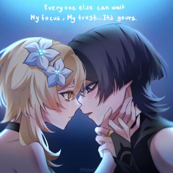 Rule 34 | 1boy, 1girl, bare shoulders, black bodysuit, black bridal gauntlets, black choker, black hair, blonde hair, blue background, blunt ends, blush, bodysuit, bridal gauntlets, choker, couple, english text, eye contact, eyeliner, face-to-face, flower, from side, genshin impact, gold ring, hair flower, hair ornament, hand on another's face, hand on another's hand, hetero, highres, looking at another, lumine (genshin impact), makeup, middle ring, nicbuns, open mouth, parted lips, pink lips, profile, purple eyes, red eyeliner, scaramouche (genshin impact), short hair, short hair with long locks, sidelocks, tsurime, twitter username, wanderer (genshin impact), white flower, white mouth, yellow eyes