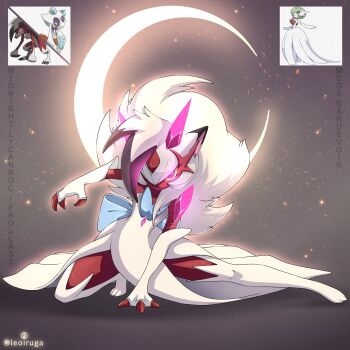 artist_name character_name claws colored_skin commentary commission english_commentary froslass furry furry_female fusion gardevoir gen_3_pokemon gen_4_pokemon gen_7_pokemon glowing glowing_eyes highres horns leoiruga lycanroc lycanroc_(midnight) mega_gardevoir mega_pokemon nintendo pokemon pokemon_(creature) purple_eyes red_skin reference_inset signature white_fur