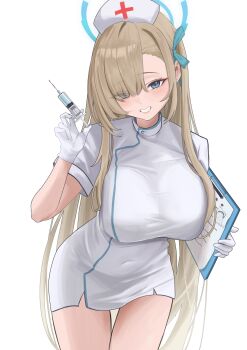 Rule 34 | 1girl, 865734062, absurdres, asuna (blue archive), blonde hair, blue archive, blue eyes, clipboard, commentary request, hair over eyes, hat, highres, holding, holding clipboard, holding syringe, long hair, looking at viewer, nurse, nurse cap, one eye covered, simple background, smile, solo, syringe, teeth, white background