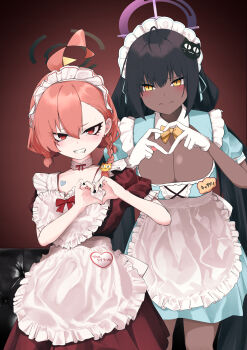 2girls absurdres alternate_costume apron black_hair blue_archive blue_dress bow bowtie braid breasts cat_hair_ornament cleavage clenched_teeth commentary_request cowboy_shot dark-skinned_female dark_skin dress hair_ornament halo heart heart_apron heart_hands highres karin_(blue_archive) large_breasts looking_at_viewer maid maid_headdress multiple_girls name_tag neru_(blue_archive) red_background red_dress red_eyes red_hair short_hair short_sleeves side-by-side single_braid tarasoisoos teeth waist_apron white_apron yellow_bow yellow_bowtie yellow_eyes