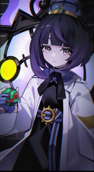 1girl artist_name belt belt_buckle black_dress black_hair bob_cut buckle chandelure closed_mouth coat dress dusk_ball eyelashes gen_5_pokemon gloves gradient_hair gwynn_(pokemon) hat highres holding holding_poke_ball long_sleeves looking_at_viewer multicolored_hair myuga66666 nintendo o-ring o-ring_belt open_clothes open_coat partially_fingerless_gloves poke_ball pokemon pokemon_(creature) pokemon_legends:_z-a purple_eyes purple_hair short_hair white_coat
