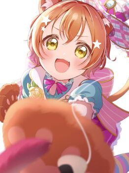 1girl :3 animal_ears animal_hands blurry blurry_foreground blush cat_ears fang gloves hair_ornament hat heart heart_in_eye highres hoshizora_rin looking_at_viewer love_live! love_live!_school_idol_project open_mouth orange_hair osono_(osonokichi) outstretched_arm paw_gloves short_hair simple_background skin_fang smile solo star_(symbol) star_hair_ornament symbol_in_eye top_hat white_background yellow_eyes