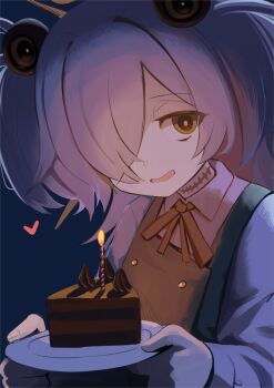 1girl birthday_cake blue_archive blue_background brown_ribbon buttons cake candle collared_shirt coralreef966 double-breasted dress eyeball_hair_ornament food hair_ornament hair_over_one_eye halo heart highres holding holding_cake holding_food holding_plate kanoe_(blue_archive) long_hair long_sleeves open_mouth pinafore_dress plate ribbon scar scar_on_neck shirt simple_background sleeveless sleeveless_dress smile solo two_side_up upper_body very_long_hair white_shirt