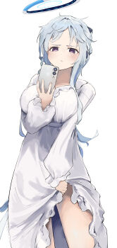 1girl absurdres blue_archive breasts clothes_lift commentary_request dress dress_lift grey_hair highres holding holding_phone large_breasts lifting_own_clothes long_hair long_sleeves looking_at_viewer messy_hair morishin546 noa_(blue_archive) noa_(pajamas)_(blue_archive) official_alternate_costume pajamas phone purple_eyes simple_background white_background white_dress white_pajamas