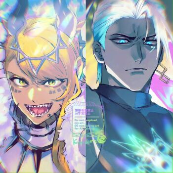 01rosso 1boy 1girl armor black_shirt blonde_hair blue_eyes cape colored_sclera colored_skin dark-skinned_female dark_skin dragon_girl dragon_horns earrings facial_mark fate/grand_order fate_(series) fur_cape grey_sclera grey_skin hair_ornament hair_slicked_back horns indra_(fate) indra_(third_ascension)_(fate) jewelry lightning_bolt_facial_mark long_hair open_mouth sharp_teeth shirt short_hair side_labret_piercing sleeveless sleeveless_shirt swept_bangs teeth upper_body vritra_(fate) vritra_trisiras_(fate) white_armor white_hair yellow_eyes