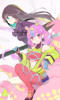 Rule 34 | 2girls, :q, absurdres, asymmetrical legwear, black bodysuit, black hair, blonde streaks, blue eyes, blue gloves, bodysuit, breasts, closed mouth, commentary, crop top, floating hair, girls' frontline, girls' frontline neural cloud, gloves, highres, holding, holding weapon, jacket, long hair, medium breasts, midriff, multicolored hair, multiple girls, nascita (neural cloud), navel, onigiri noe, partially open jacket, pink gloves, pink hair, pink streaks, puzzle (neural cloud), smile, streaked hair, tongue, tongue out, two-sided gloves, uneven legwear, weapon, yellow jacket