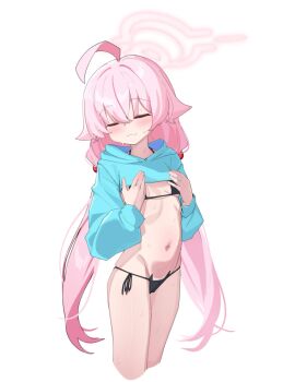 1girl :3 ahoge arsyky14 bikini black_bikini blue_archive blue_jacket breasts closed_eyes closed_mouth covering_breasts covering_privates cropped_jacket crossed_bangs groin halo hands_up highres hoshino_(blue_archive) huge_ahoge jacket loli long_hair long_sleeves micro_bikini navel panties pink_hair pink_halo side-tie_bikini_bottom side-tie_panties small_breasts split_mouth sweat sweatdrop swimsuit twintails underwear very_long_hair white_background