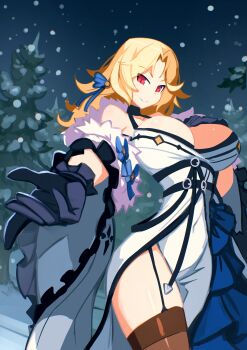 1girl :&gt; absurdres bare_shoulders black_garter_straps black_gloves blonde_hair blue_ribbon breasts brown_thighhighs choker cleavage covered_navel curtained_hair detached_sleeves dress foreshortening forest frilled_gloves frills from_side fur-trimmed_dress fur-trimmed_kimono fur_trim garter_straps gloves goddess_of_victory:_nikke hair_ribbon hand_on_own_chest hand_up highres japanese_clothes julianvanist kimono large_breasts looking_at_viewer ludmilla_(nikke) ludmilla_(winter_owner)_(nikke) medium_hair nature night official_alternate_costume outdoors parted_bangs pine_tree reaching reaching_towards_viewer red_eyes ribbon side_slit sidelocks smile snow snowing solo split_mouth standing thighhighs tree white_dress white_kimono wide_sleeves