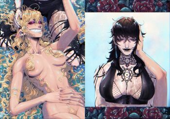 2girls black_hair blackberreh-art blonde_hair_roots distortion_(tma) ear_piercing earrings eye_tattoo eyelashes face_piercing female_pubic_hair fishnet_top fishnets genderswap genderswap_(mtf) gerard_keay goth_fashion highres jewelry lips long_hair makeup michael_shelley multiple_girls multiple_piercings neck_tattoo nose_piercing nose_ring nude piercing pubic_hair scar septum_piercing sitting snakebite_(piercing) tattoo the_magnus_archives