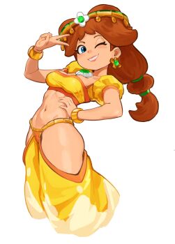 1girl absurdres adapted_costume arabian_clothes blue_eyes bracelet breasts brown_hair clothing_cutout crop_top cropped_legs earrings flower_earrings gem green_gem grin hair_ornament harem_pants highres hip_vent jewelry long_hair looking_at_viewer mario_(series) mario_kart mario_kart_world medium_breasts midriff mineru128127 navel nintendo official_alternate_costume one_eye_closed pants princess_daisy princess_daisy_(oasis) puffy_short_sleeves puffy_sleeves shirt short_sleeves simple_background smile solo stomach toned toned_female v white_background yellow_pants yellow_shirt