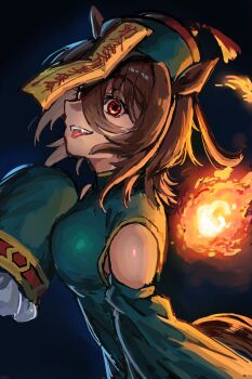 1girl agnes_tachyon_(umamusume) ahoge amulet animal_ears bare_shoulders brown_hair detached_sleeves fang hair_between_eyes highres horse_ears horse_girl horse_tail huge_ahoge jiangshi jiangshi_costume long_sleeves looking_at_viewer medium_hair red_eyes short_hair sleeves_past_fingers sleeves_past_wrists smile solo sui_sui0510 tail tongue tongue_out umamusume wolf_cut