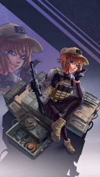 Rule 34 | 1girl, absurdres, ammunition pouch, body armor, boots, brown boots, brown hair, crate, explosive, flag patch, fyugins png, gloves, grin, gun, highres, holding, jacket, kalashnikov rifle, long sleeves, magazine (weapon), military, military combat uniform, military uniform, mine (weapon), original, ponytail, pouch, rifle, russian flag, short hair, sitting, smile, soldier, tongue, tongue out, weapon