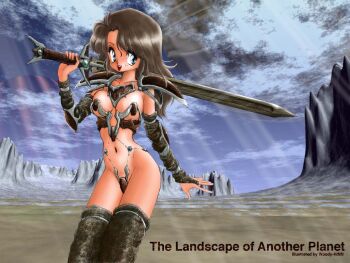 1girl 3d_background armor artist_name bad_id bikini_armor black_armor black_bridal_gauntlets black_hair black_thighhighs blue_eyes breasts bridal_gauntlets cloud cowboy_shot elbow_pads english_text hand_up holding holding_behind_back holding_sword holding_sword_behind_back holding_weapon holding_weapon_behind_back long_hair medium_breasts navel open_mouth original outdoors shoulder_armor sideways_glance sky smile solo standing sword teeth thighhighs upper_teeth_only weapon woody-rinn