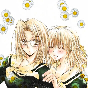 00s 2girls brown_eyes brown_hair closed_eyes daisy_(flower) flower glasses hand_on_shoulder maria-sama_ga_miteru multiple_girls naitou_shouko school_uniform serafuku short_hair shouko simple_background takeshima_tsutako white_background