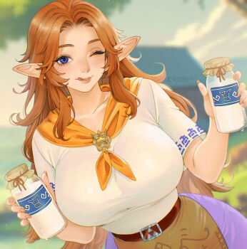 1girl blue_eyes bottle breasts curvy female_focus highres huge_breasts licking_lips lips long_hair looking_at_viewer malon milk_bottle nintendo one_eye_closed orange_hair pointy_ears solo the_legend_of_zelda the_legend_of_zelda:_ocarina_of_time tongue tongue_out triforce wide_hips wink yiiande