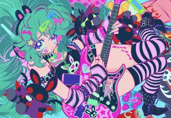 1girl :&lt; black_choker blue_bow boots bow bracelet choker closed_mouth dot_nose electric_guitar eyelashes green_hair guitar headphones highres holding holding_guitar holding_instrument instrument jewelry long_hair looking_at_viewer original pink_bow pink_eyes shino_bunnys sitting solo sticker sticker_on_face stuffed_animal stuffed_rabbit stuffed_toy very_long_hair