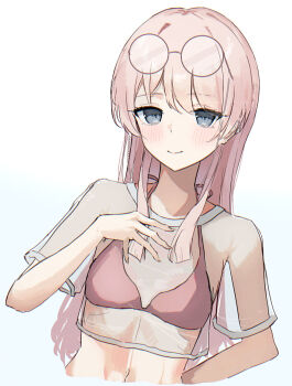 1girl bang_dream! bang_dream!_it&#039;s_mygo!!!!! bikini blush breasts chihaya_anon commentary_request eyewear_on_head grey_eyes hand_on_own_chest highres long_hair opuricheri pink_bikini pink_hair round_eyewear small_breasts solo swimsuit upper_body