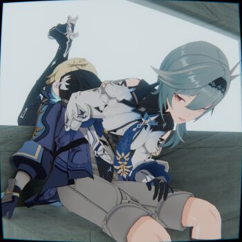 1boy 1boy1girls 1girl ass assertive_female b-banto blonde_hair blue_background blue_gloves blue_hair clothing_cutout day eula_(genshin_impact) face_in_ass femdom genshin_impact gloves hair_between_eyes hair_ornament hairband hand_on_another&#039;s_crotch hand_on_another&#039;s_thigh head_between_thighs headscissor long_sleeves mika_(genshin_impact) orange_eyes reverse_ryona scissorhold shoulder_cutout smother wide_sleeves