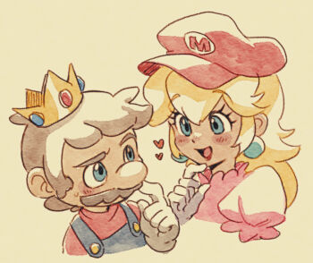1boy 1girl :d blonde_hair blue_eyes blue_overalls brown_hair commentary_request crown dress earrings embarrassed gloves gold_crown hat headwear_switch heart jewelry light_blush long_hair mario mario_(series) nintendo open_mouth overalls pink_dress princess_peach puffy_short_sleeves puffy_sleeves red_hat red_lips red_shirt shirt short_hair short_sleeves sidelocks smile sphere_earrings sweatdrop ukata upper_body white_gloves