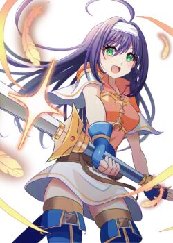 1girl :d ahoge antenna_hair armor bare_arms belt breastplate breasts brown_belt commentary_request falling_feathers feathers fingerless_gloves fire_emblem fire_emblem:_path_of_radiance fire_emblem:_radiant_dawn fire_emblem_heroes from_below gloves green_eyes hair_between_eyes hair_intakes hairband headband holding holding_sword holding_weapon long_hair looking_at_viewer looking_down lowres mia_(fire_emblem) mia_(zenith_challenger)_(fire_emblem) nintendo official_alternate_costume open_mouth orange_shirt purple_hair shira_yu_ki shirt short_sleeves shoulder_armor simple_background skindentation skirt small_breasts smile solo sparkle sword thighs upper_body weapon white_hairband white_shirt white_skirt
