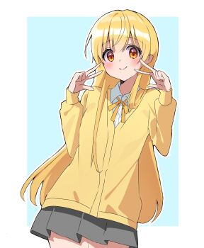 1girl blonde_hair blush border bow closed_mouth commentary cowboy_shot english_commentary genderswap genderswap_(mtf) grey_skirt hair_between_eyes hands_up highres kai_(shell) long_hair long_sleeves looking_at_viewer orange_eyes root_(stpri) skirt smile solo strawberry_prince sweater v-neck very_long_hair w white_border yellow_bow yellow_sweater