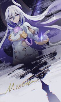 1girl absurdres bodysuit breasts character_name colored_inner_hair highres honkai_(series) honkai_impact_3rd large_breasts long_hair misteln_schariac multicolored_hair partially_submerged purple_eyes purple_hair siro_jun smile solo two-tone_hair very_long_hair white_bodysuit white_hair