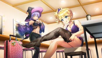 2girls adjusting_clothes adjusting_legwear bare_arms blonde_hair breasts commentary_request dark-skinned_female dark_skin dolphin_wave fishnet_thighhighs fishnets game_cg green_eyes hat highres izumi_kiri licking_lips midriff mirror multiple_girls nail_polish no_shoes non-web_source official_art ootomo_takuji pants pull purple_eyes purple_hair short_shorts shorts side_ponytail sitting souma_hayate suitcase thighhighs tongue tongue_out witch_hat