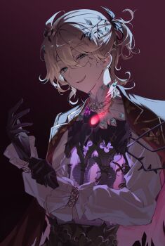 1boy absurdres adjusting_clothes adjusting_gloves ahoge animal_skull backlighting black_gloves blonde_hair blue_eyes fang feathers frilled_sleeves frills gloves glowing glowing_eye gold_trim hashtag-only_commentary head_tilt highres hollow_body identity_v jacket jacket_on_shoulders jewelry laurel_crown le0601 long_sleeves looking_at_viewer luca_balsa luca_balsa_(fugue_for_dawn) male_focus necklace official_alternate_costume ponytail puffy_long_sleeves puffy_sleeves red_jacket shirt short_ponytail smirk solo stitched_eye upper_body wavy_hair white_shirt