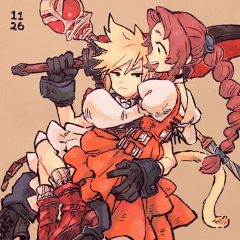 1boy 1girl aerith_gainsborough aerith_gainsborough_(garnet&#039;s_gown) aqua_eyes arm_around_waist black_choker black_gloves black_pants black_vest black_wrist_cuffs blonde_hair boots braid braided_ponytail brown_background brown_hair cat_tail choker cloud_strife cloud_strife_(zidane&#039;s_outfit) cosplay couple crystal dated dress final_fantasy final_fantasy_vii final_fantasy_vii:_ever_crisis frown garnet_til_alexandros_xvii garnet_til_alexandros_xvii_(cosplay) gloves green_eyes hair_between_eyes hair_ornament hairclip hetero highres holding holding_staff holding_sword holding_weapon jewelry juliet_sleeves long_hair long_sleeves nobu_(25mark) official_alternate_costume open_mouth orange_dress over_shoulder pants parted_bangs pendant puffy_sleeves red_boots red_gloves shirt short_hair sidelocks single_braid smile spiked_hair staff sword sword_over_shoulder tail vest weapon weapon_over_shoulder white_shirt wrist_cuffs zidane_tribal zidane_tribal_(cosplay)