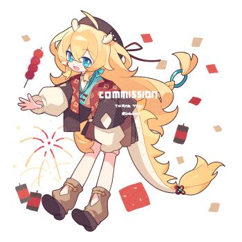 1girl :d ahoge antlers blonde_hair blue_eyes brown_hat brown_jacket brown_shoes brown_socks commission crossed_bangs dango double-parted_bangs fireworks food full_body hair_between_eyes hat highres horns jacket long_hair long_sleeves looking_at_viewer meimei_(wakamoid) open_clothes open_jacket open_mouth original shoes simple_background smile socks solo standing thank_you twitter_username wagashi white_background