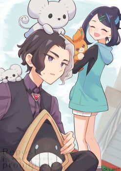 1boy 1girl amethio_(pokemon) black_hair blue_hair blue_hoodie blush closed_eyes collared_shirt colored_inner_hair cowlick gen_3_pokemon green_hair_ornament hair_ornament hairclip highres holding holding_pokemon hood hoodie liko_(pokemon) long_sleeves loose_hair_strand multicolored_hair nintendo oka_3776 open_mouth pants pawmi pokemon pokemon_(anime) pokemon_(creature) pokemon_horizons purple_eyes shirt short_hair shorts smile snorunt symbol-shaped_pupils tandemaus triangle-shaped_pupils two-tone_hair