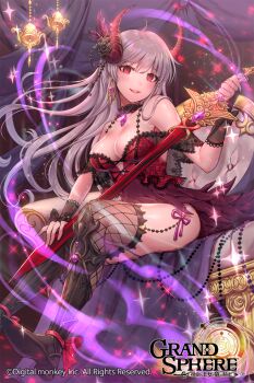 bare_shoulders bell black_footwear black_gloves black_legwear blush breasts cleavage couch curtains demon_horns detached_collar earrings fingerless_gloves gloves grand_sphere hair_ornament holding holding_sword holding_weapon horns indoors jewelry looking_at_viewer medium_breasts official_art ozzingo red_eyes red_sword silver_hair sitting smile solo sword weapon