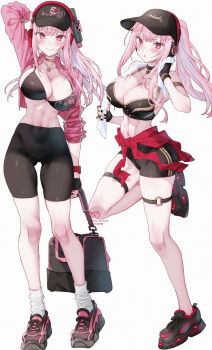 1girl absurdres armlet bag baseball_cap black_bra black_choker black_gloves black_hat black_nails black_shoes black_shorts blush bottle bra breasts choker cleavage clothes_around_waist collarbone commentary cropped_jacket duplicate english_commentary fingerless_gloves fingernails full_body gloves hat headphones high_ponytail highres holding holding_bag holding_bottle hololive hololive_english jacket jewelry kamiya_maneki knees large_breasts long_hair long_sleeves looking_at_viewer mori_calliope multicolored_nails multicolored_shoes nail_polish navel necklace o-ring o-ring_thigh_strap open_clothes open_jacket open_mouth pink_eyes pink_hair pink_jacket pink_shirt pink_shoes ponytail red_nails shirt shirt_around_waist shoes shorts shoulder_bag signature simple_background skull_necklace smile socks solo_focus standing stomach thigh_strap thighs towel towel_around_neck twitter_username two-tone_nails two-tone_shoes underwear virtual_youtuber watch white_background white_socks wristwatch