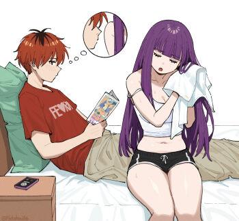 1boy 1girl after_bathing black_hair black_shorts blunt_bangs breasts brown_pants cellphone cleavage commentary dolphin_shorts drying drying_hair drying_own_hair fatzhai fern_(sousou_no_frieren) holding holding_towel imagining incoming_call large_breasts long_hair multicolored_hair naruto_(classic) naruto_(series) navel on_bed pants phone purple_hair red_hair red_shirt roots_(hair) shirt short_hair shorts smartphone sousou_no_frieren stark_(sousou_no_frieren) strap_slip tank_top towel two-tone_hair white_tank_top