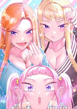 Rule 34 | 3girls, :d, black shirt, blue sweater, blush, breasts, cleavage, collarbone, commentary request, dosanko gal wa namaramenkoi, family, fangs, frown, fuyuki mai, fuyuki minami, fuyuki momoko, hair behind ear, hand on own cheek, hand on own face, hands on own cheeks, hands on own face, highres, ikada kai, large breasts, long hair, long sleeves, looking at viewer, mother and daughter, multiple girls, official art, open mouth, orange hair, pink hair, pink nails, purple eyes, ribbed sweater, shirt, siblings, sisters, sleeves past wrists, smile, sparkle, star (symbol), sweater