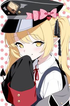 1girl black_coat black_hat black_ribbon blonde_hair blue_archive bow coat commentary_request gehenna_academy_logo grin hair_ribbon hat hat_bow highres ibuki_(blue_archive) kazu_sasuki light_blush long_hair long_sleeves looking_at_viewer mesugaki military_hat neck_ribbon open_clothes open_coat peaked_cap pink_bow pointy_ears polka_dot polka_dot_background red_ribbon ribbon shirt sidelocks simple_background sleeves_past_fingers sleeves_past_wrists smile solo twintails upper_body white_background white_shirt yellow_eyes