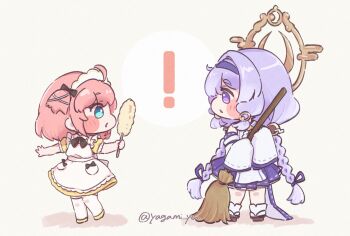 ! 2girls black_bow blue_eyes blush_stickers bow braid broom chibi chibi_only commentary_request crepe_(trickcal) detached_sleeves dress hair_bow hairband halo halo_behind_head highres holding looking_at_another low_twin_braids maid_headdress multiple_girls open_mouth pink_hair purple_eyes purple_hair purple_hairband skirt socks trickcal twin_braids twitter_username white_socks yagami_yu yomi_(trickcal)