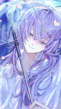 1boy absurdres blue_sky commentary_request green_eyes head_tilt highres hoshirube_sho kumotsu_(9mo2) long_sleeves looking_at_viewer male_focus messy_hair nijisanji outdoors petals purple_hair shirt sky smile solo transparent transparent_umbrella umbrella under_umbrella upper_body virtual_youtuber white_shirt