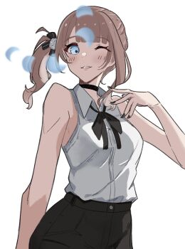 1girl arm_at_side bare_arms black_bow black_bowtie black_choker black_nails black_ribbon black_shorts blue_eyes blunt_bangs blush bow bowtie breasts brown_hair chainsaw_man choker collared_shirt cosplay crescent_moon ena_25ji gibbous_moon hair_ribbon half_moon hand_up high-waist_shorts highres looking_at_viewer medium_breasts mochizuki_honami moon moon_phases nail_polish one_eye_closed project_sekai reze_(chainsaw_man) reze_(chainsaw_man)_(cosplay) ribbon shirt shirt_tucked_in shorts side_ponytail sidelocks simple_background sleeveless sleeveless_shirt smile solo striped_ribbon ueda_reina voice_actor_connection white_background white_shirt