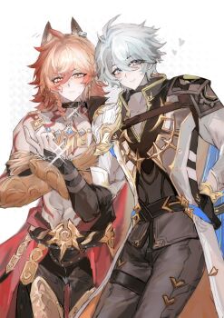 Rule 34 | 2boys, animal ears, antenna hair, arm tattoo, armlet, armor, black choker, black coat, black collar, black gloves, black pants, black shirt, blonde hair, blue eyes, braid, chain, chain leash, chest tattoo, choker, clawed gauntlets, coat, collar, crossed arms, dog boy, dog ears, earrings, facial tattoo, gloves, gold earrings, gold necklace, gradient hair, hashtag-only commentary, highres, holding, holding leash, honkai: star rail, honkai (series), jewelry, leash, male focus, medium hair, miun wave, multicolored hair, multiple boys, mydei (honkai: star rail), neck tattoo, necklace, open clothes, open coat, pants, parted bangs, pauldrons, phainon (honkai: star rail), red hair, red tattoo, shirt, short hair, shoulder armor, side braid, single glove, single pauldron, sun symbol, sun tattoo, tan, tattoo, white coat, white hair, yaoi, yellow eyes